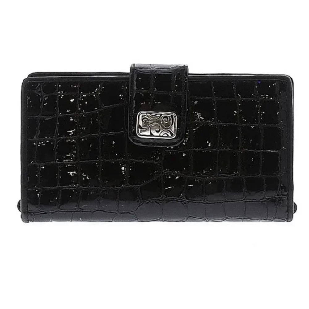 Brighton Twister Black Crocodile Embossed Patent Leather Wallet Silver Hardware